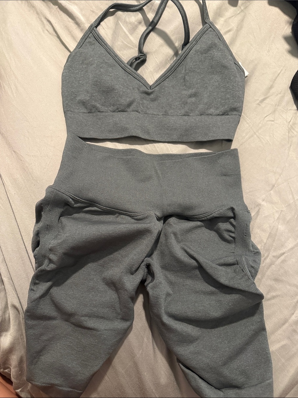 BuffBunny Seamless Green Gray Activewear Set - Crop Top & High-Waist Leggings